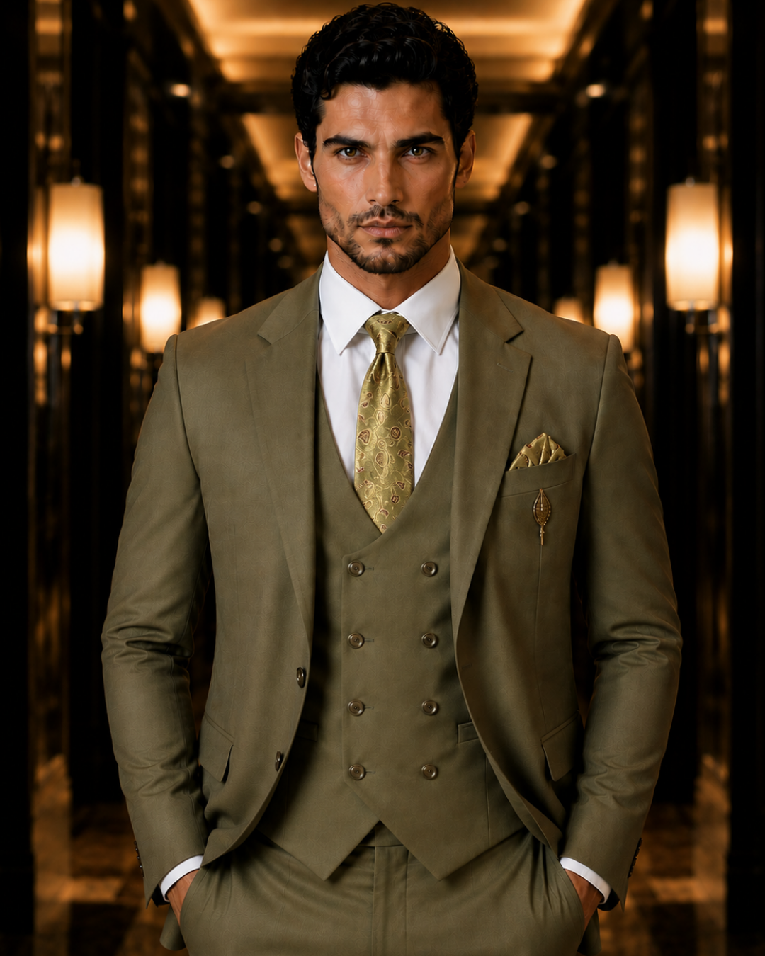 (Olive Green) Solids 3-Piece Suit