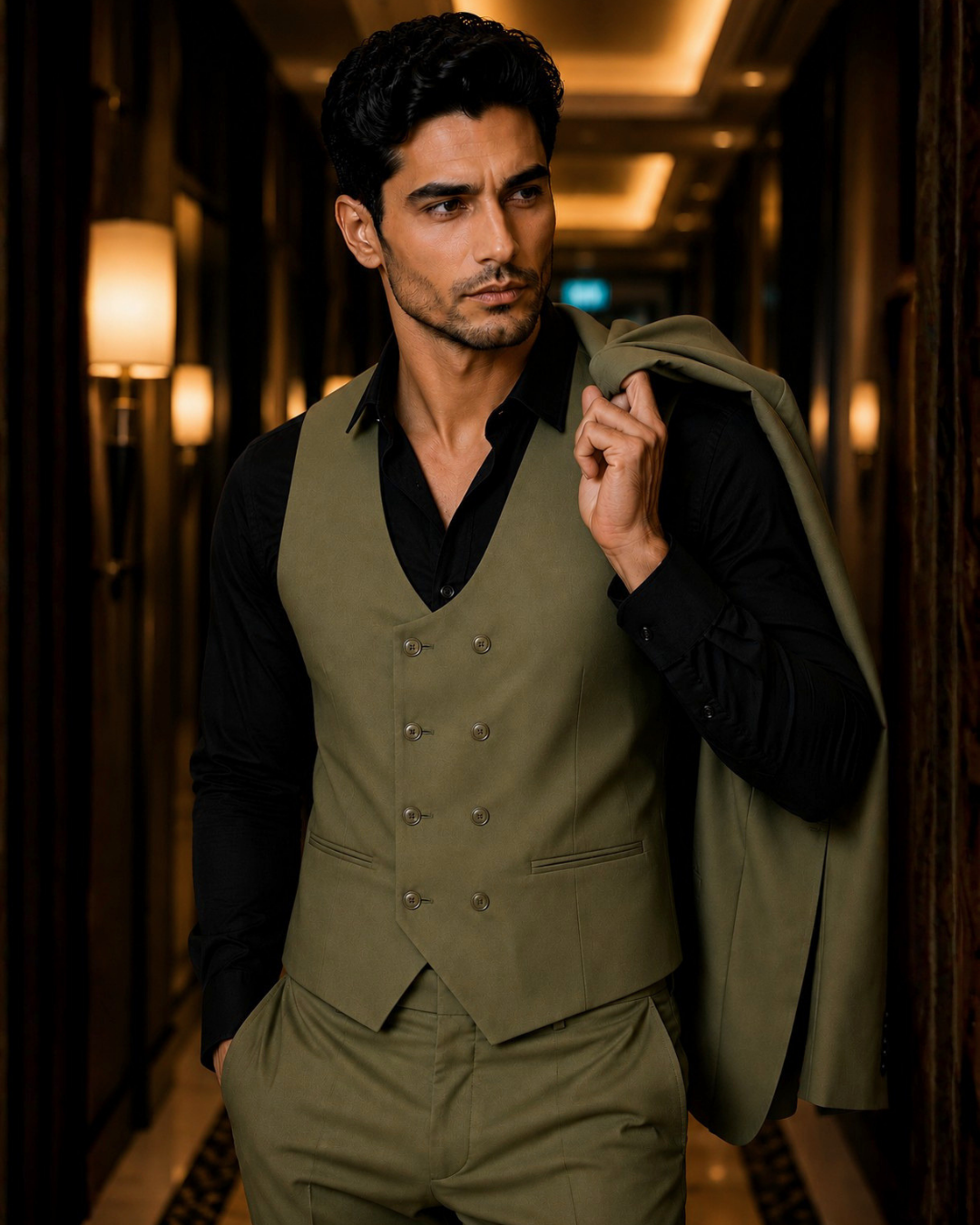 (Olive Green) Solids 3-Piece Suit