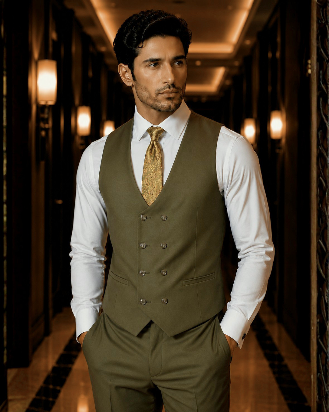 (Olive Green) Solids 3-Piece Suit