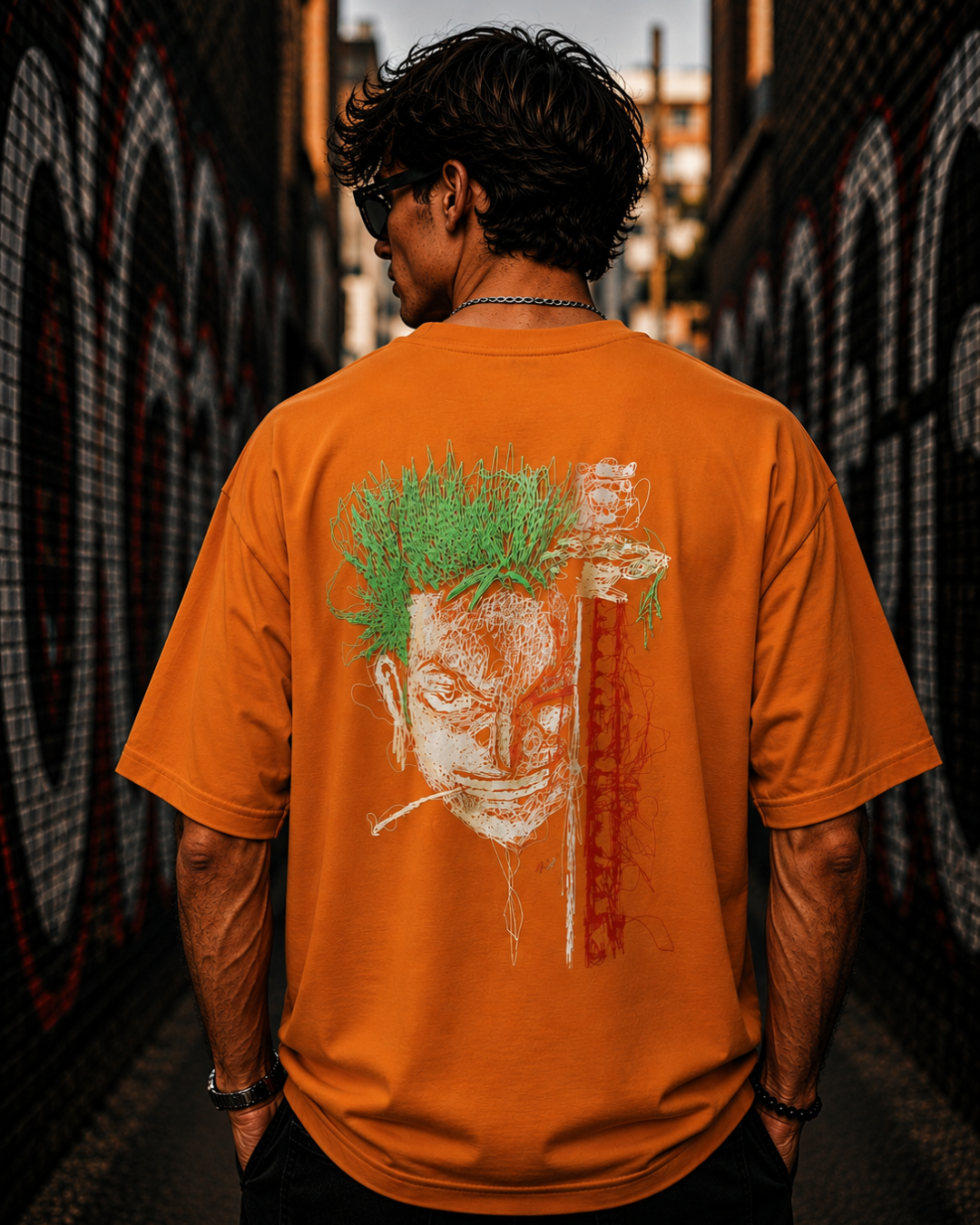 (Orange) Anime Graphic 3D Print Oversized Tee