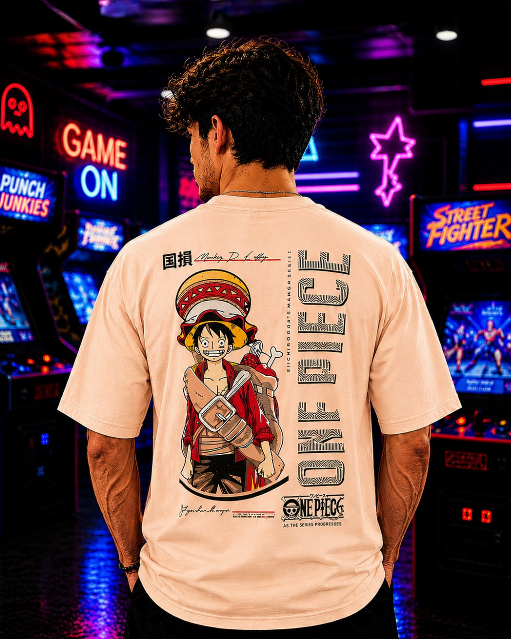 (Peach) Anime Front-Back Graphic Oversized Tee