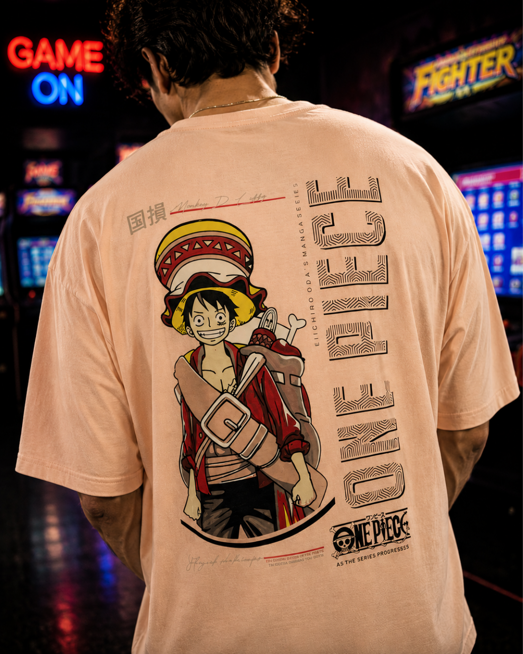 (Peach) Anime Front-Back Graphic Oversized Tee