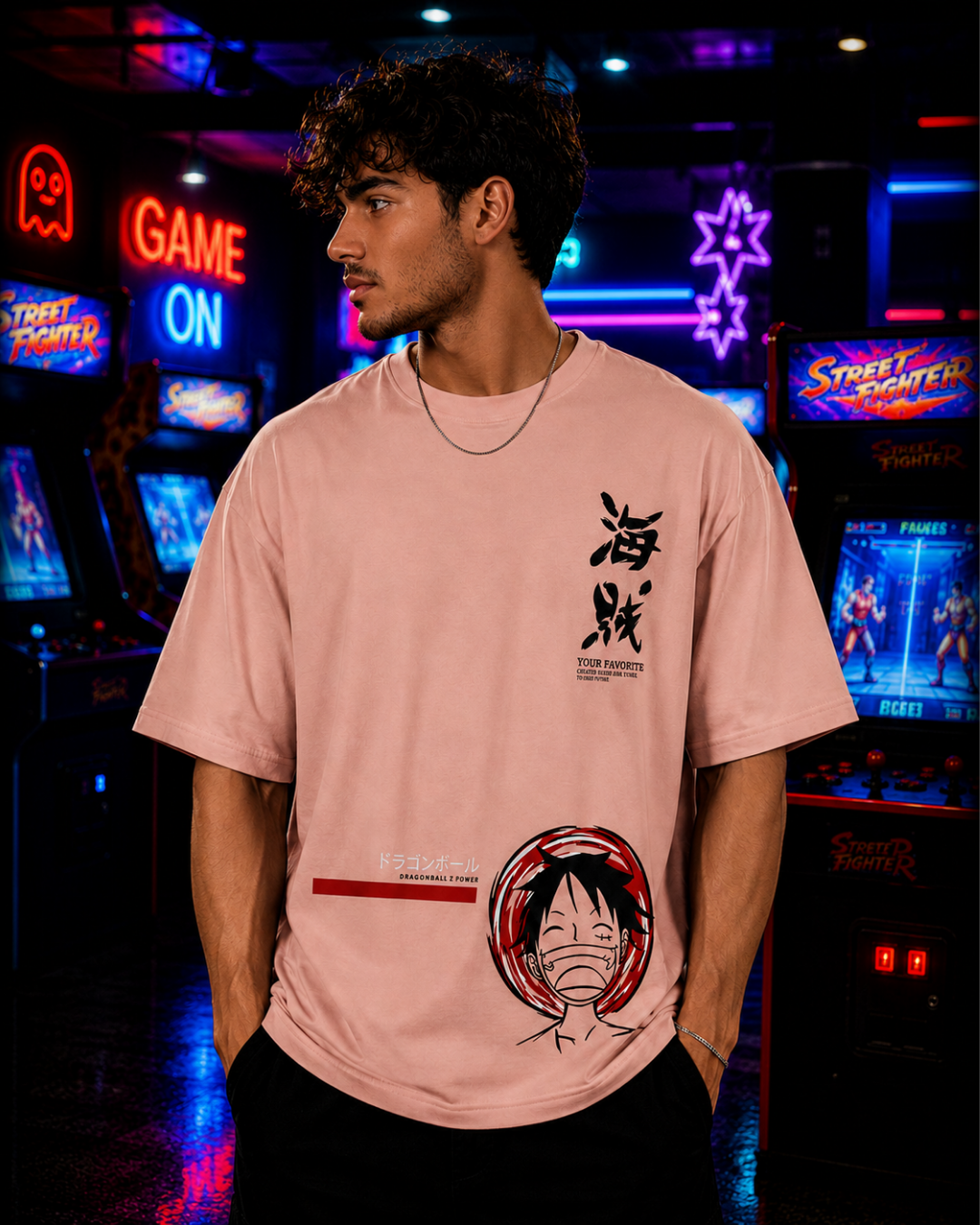 (Peach) Anime Front-Back Graphic Oversized Tee