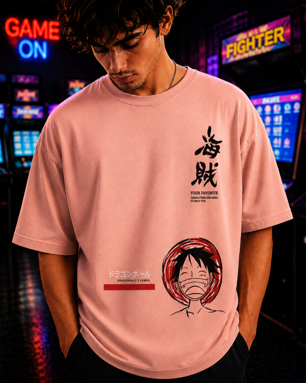 (Peach) Anime Front-Back Graphic Oversized Tee