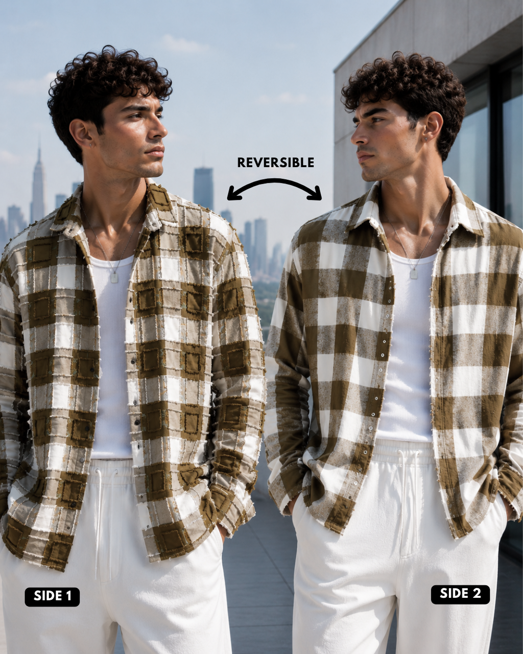 (Peanut Brown) Reversible 3D Textured Check Shirt