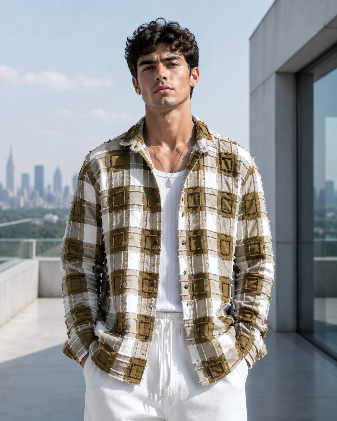 (Peanut Brown) Reversible 3D Textured Check Shirt