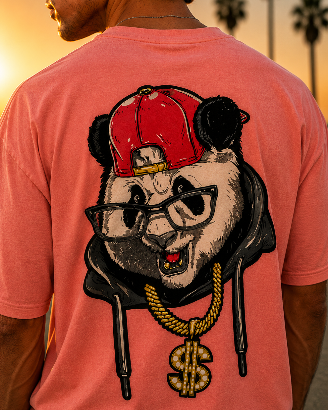 (Pink) Swagger Panda Avtar Front-Back Graphic Oversized Tee
