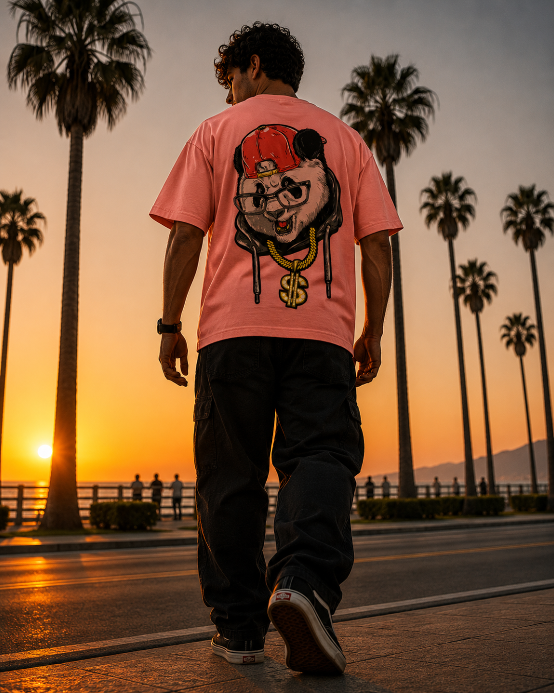 (Pink) Swagger Panda Avtar Front-Back Graphic Oversized Tee