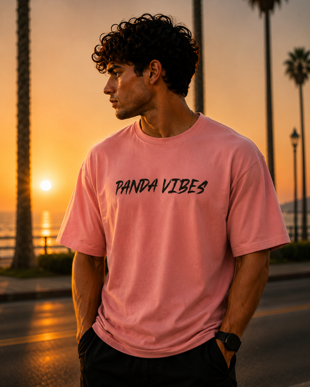 (Pink) Swagger Panda Avtar Front-Back Graphic Oversized Tee