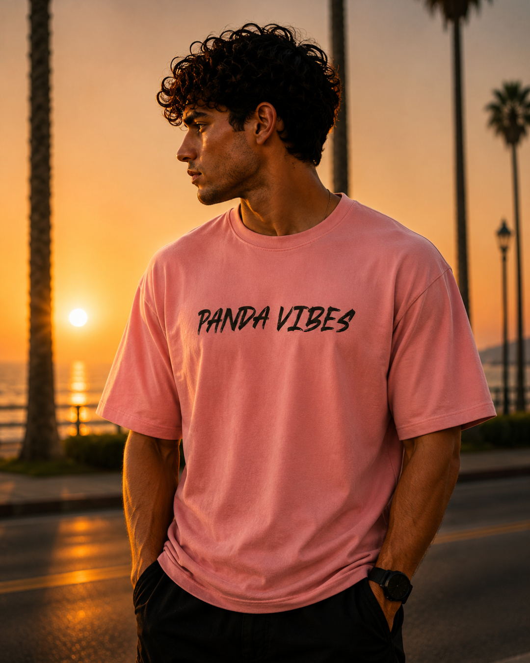 (Pink) Swagger Panda Avtar Front-Back Graphic Oversized Tee