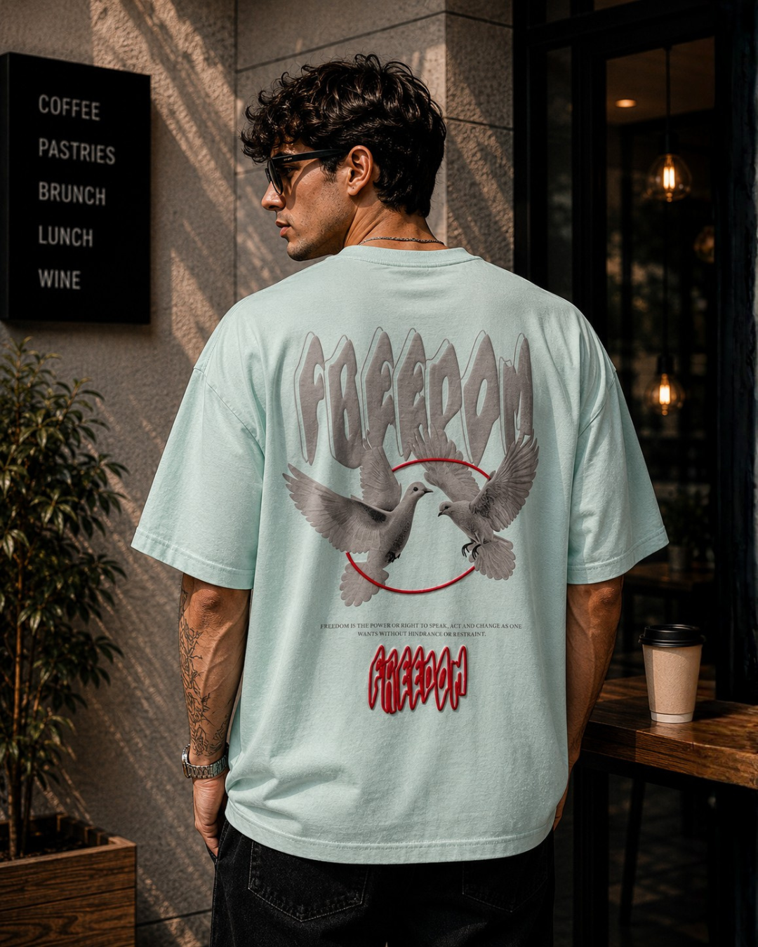 (Sea Green) Freedom Bird Front-Back Graphic Oversized Tee