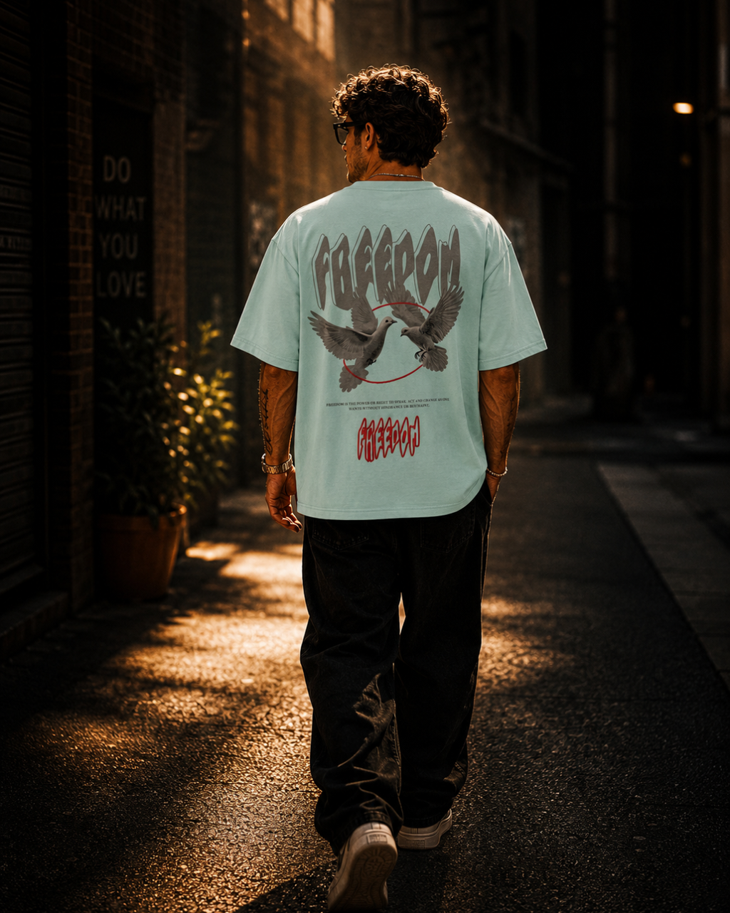 (Sea Green) Freedom Bird Front-Back Graphic Oversized Tee