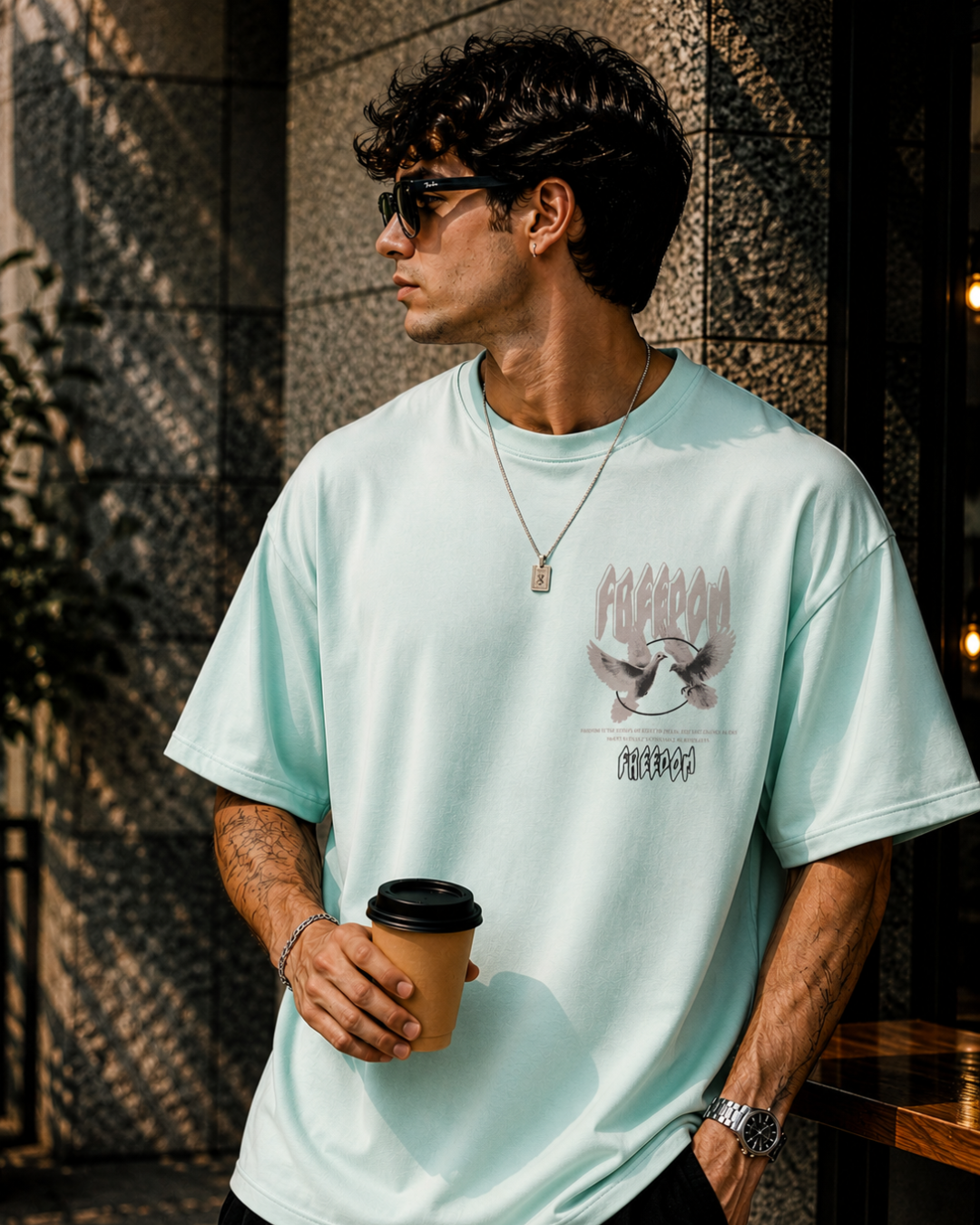 (Sea Green) Freedom Bird Front-Back Graphic Oversized Tee