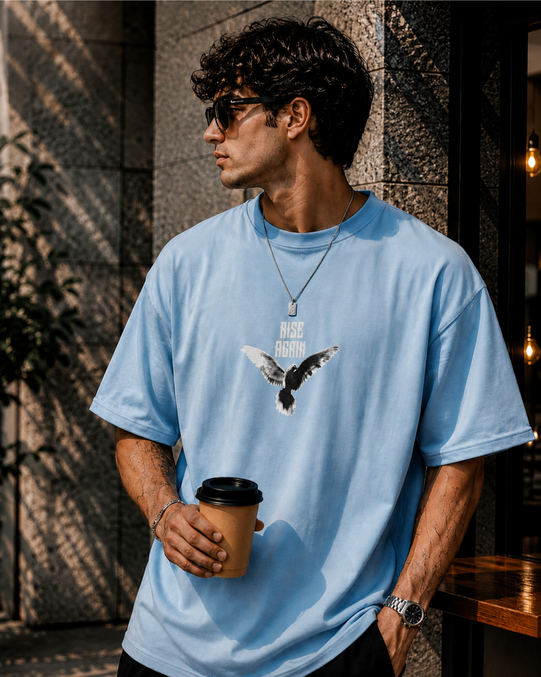 (Sky Blue) Freedom Bird Front-Back Graphic Oversized Tee