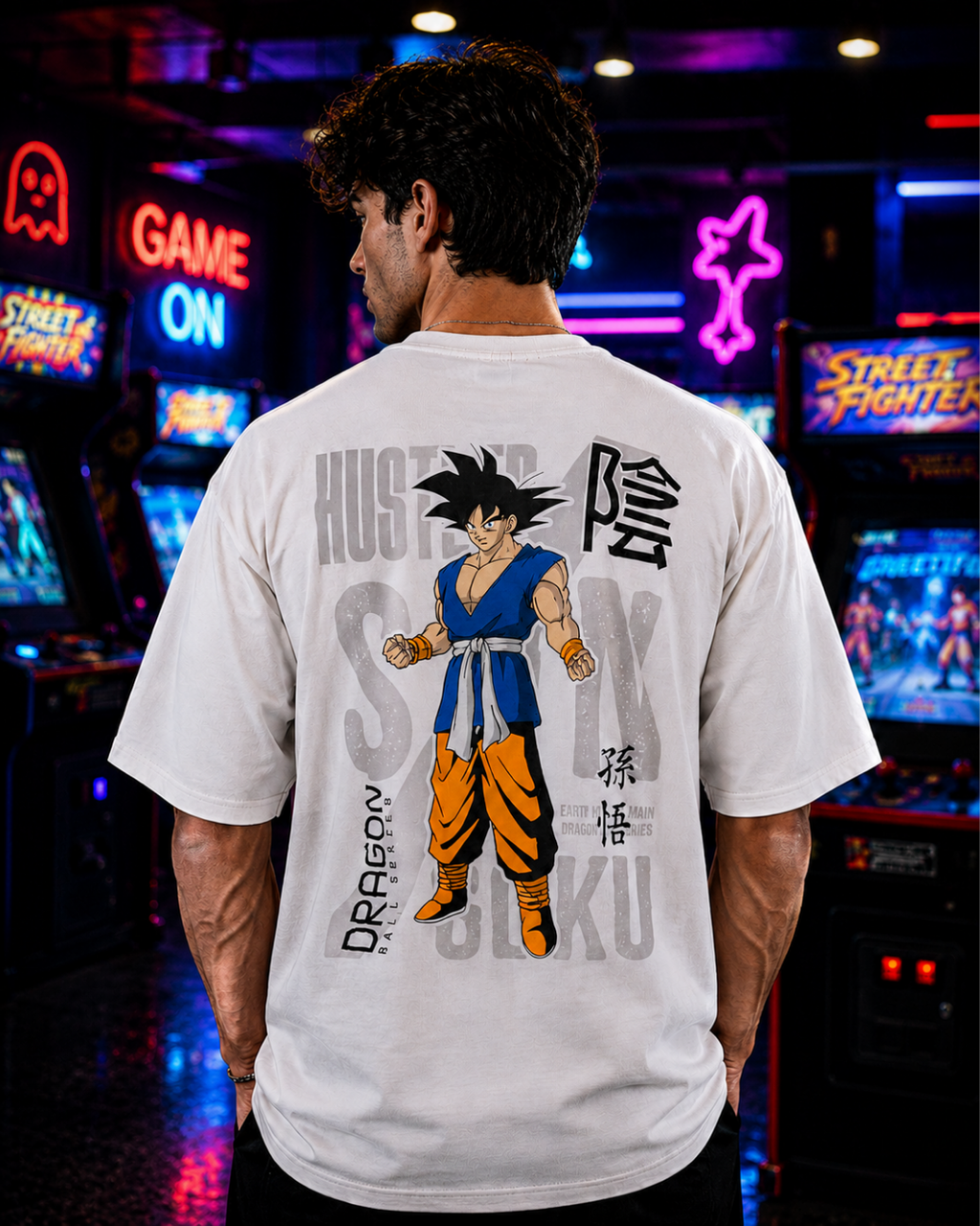 (White) Anime Front-Back Graphic Oversized Tee