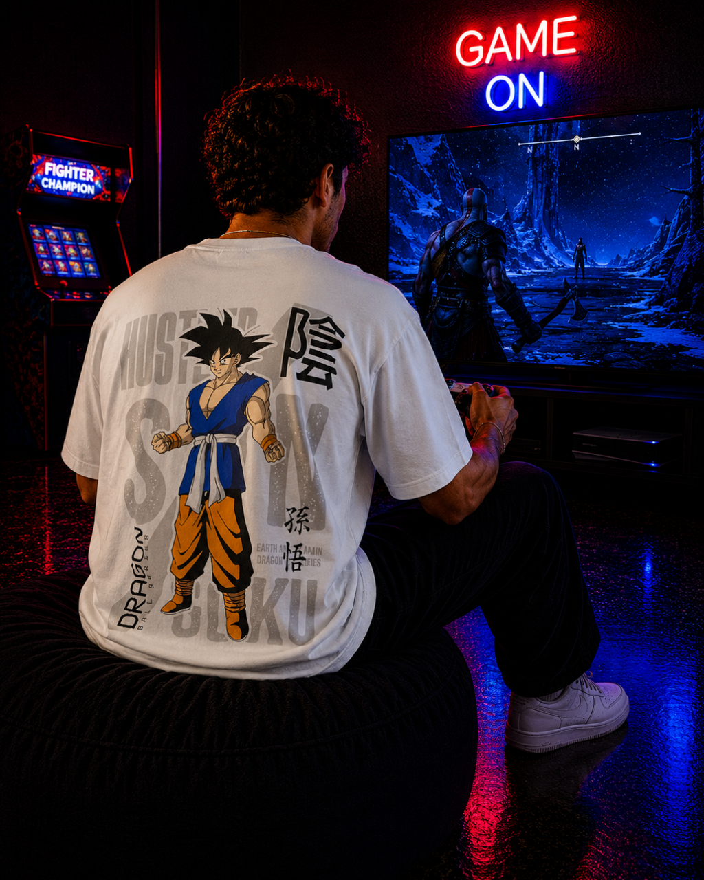 (White) Anime Front-Back Graphic Oversized Tee