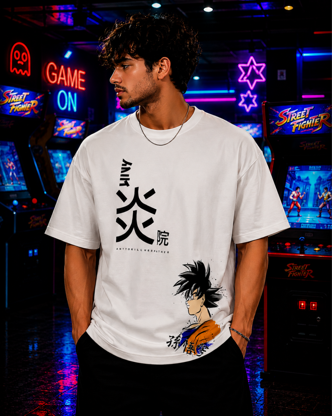 (White) Anime Front-Back Graphic Oversized Tee