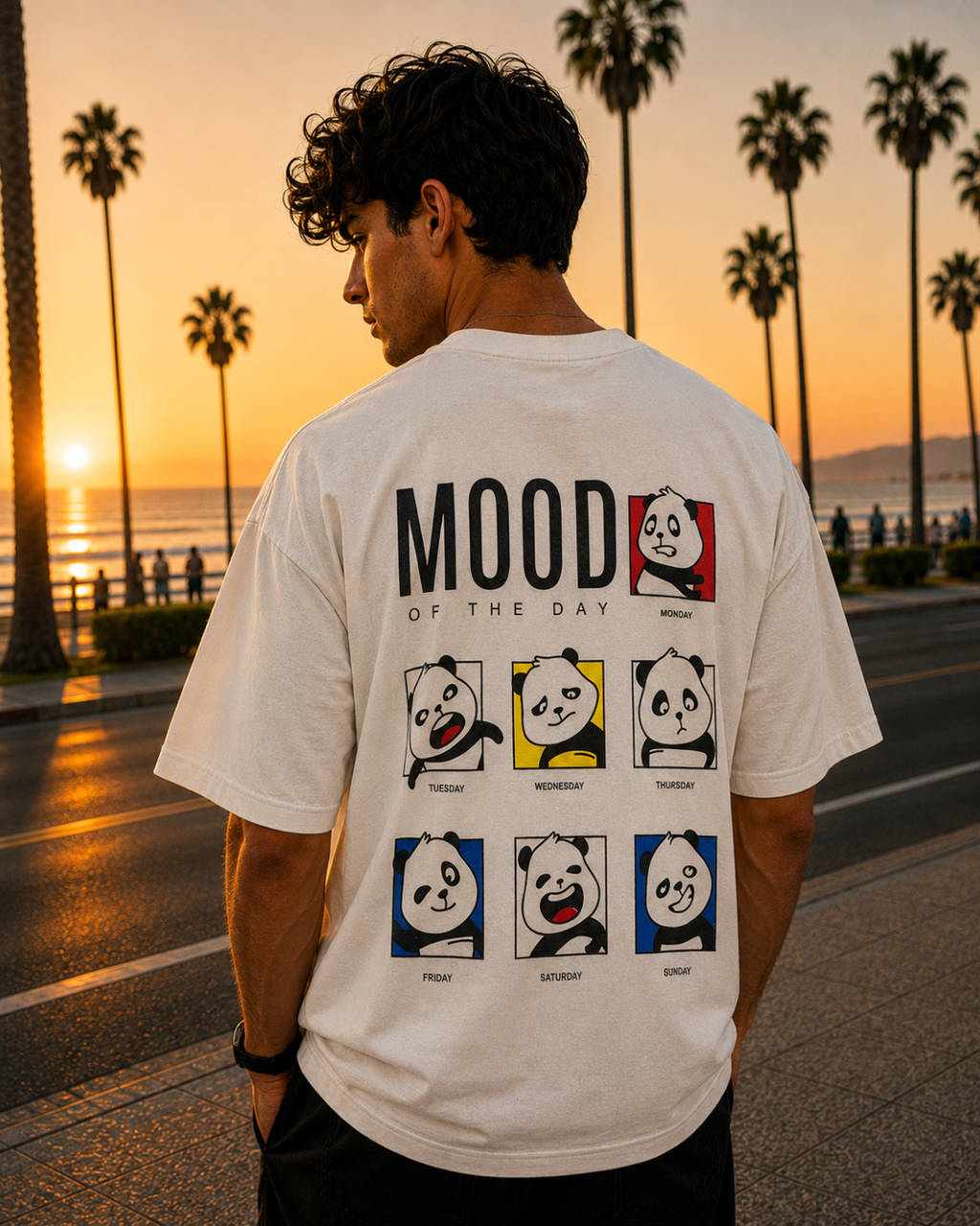 (White) Moody Panda Avtar Front-Back Graphic Oversized Tee