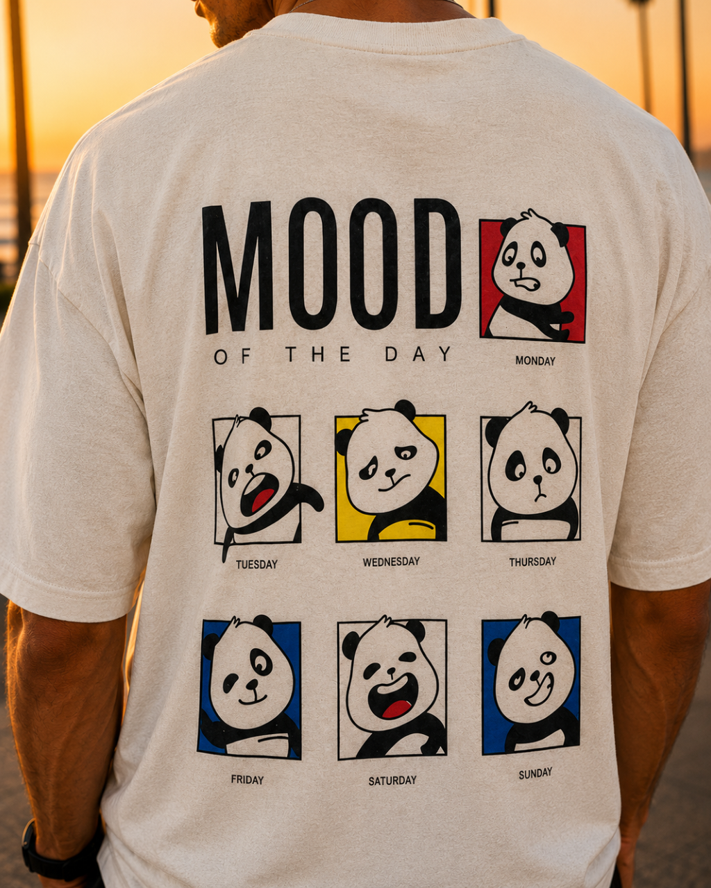 (White) Moody Panda Avtar Front-Back Graphic Oversized Tee