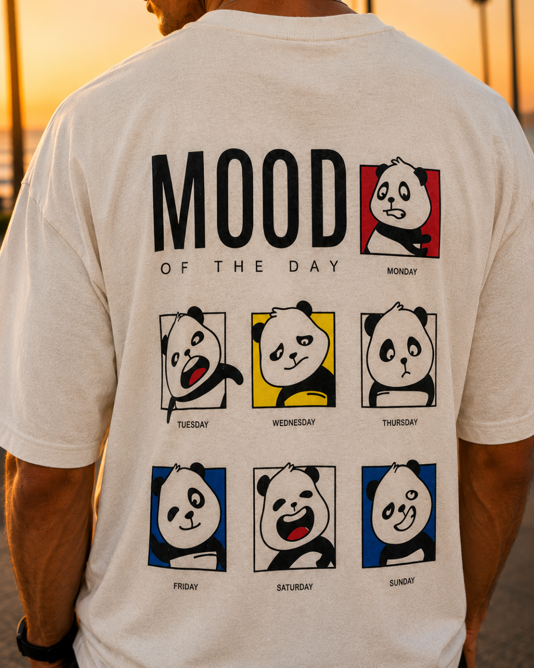 (White) Moody Panda Avtar Front-Back Graphic Oversized Tee