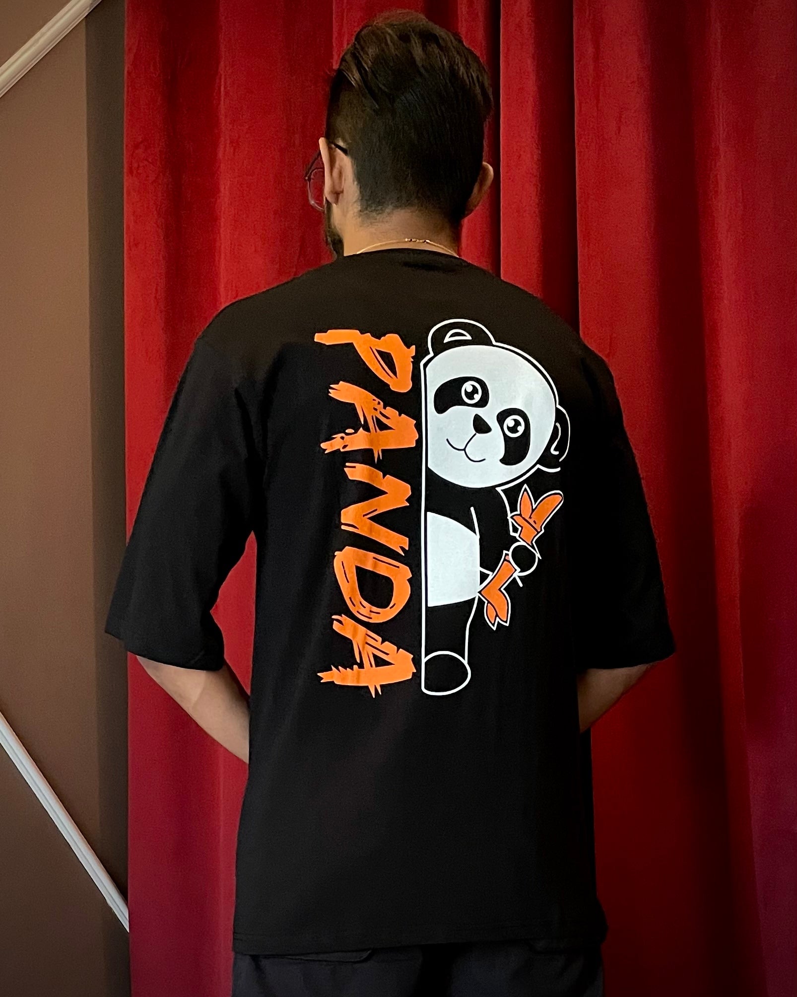 (Black) Waiting Panda Avtar Front-Back Graphic Oversized Tee