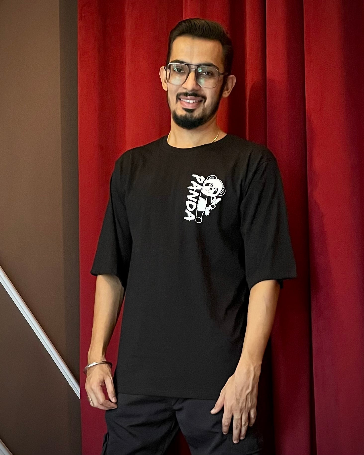 (Black) Waiting Panda Avtar Front-Back Graphic Oversized Tee