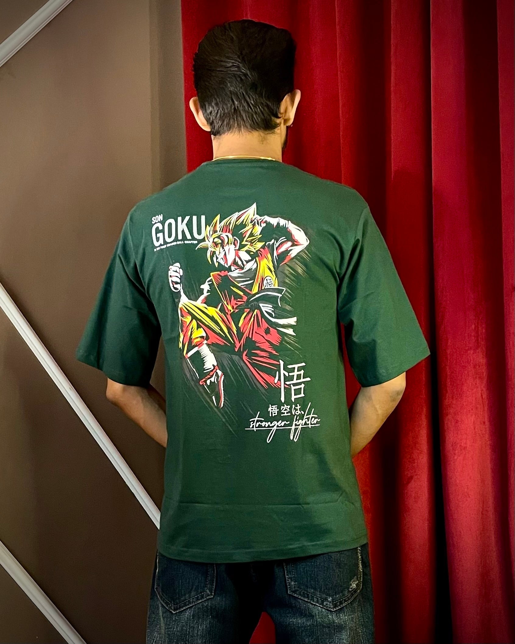 (Bottle Green) Anime Front-Back Graphic Oversized Tee