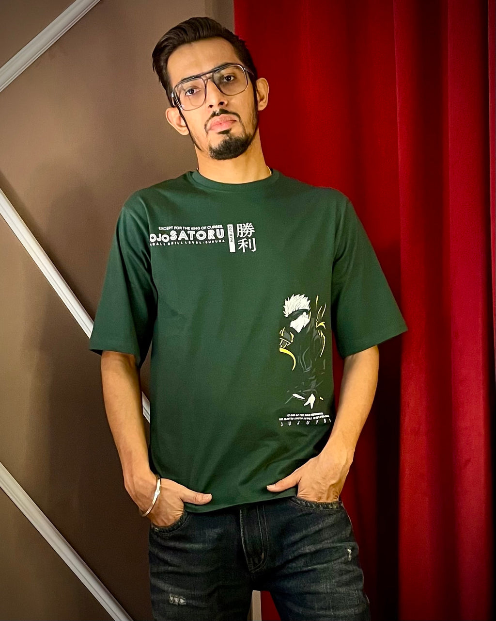 (Bottle Green) Anime Front-Back Graphic Oversized Tee