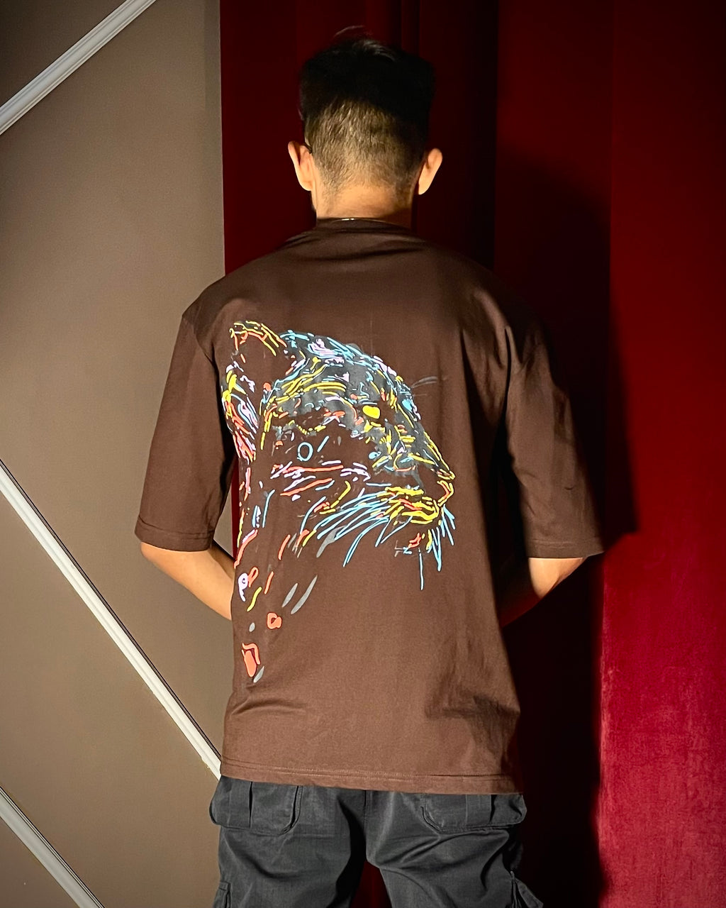 (Brown) King Lion Graphic 3D Print Oversized Tee