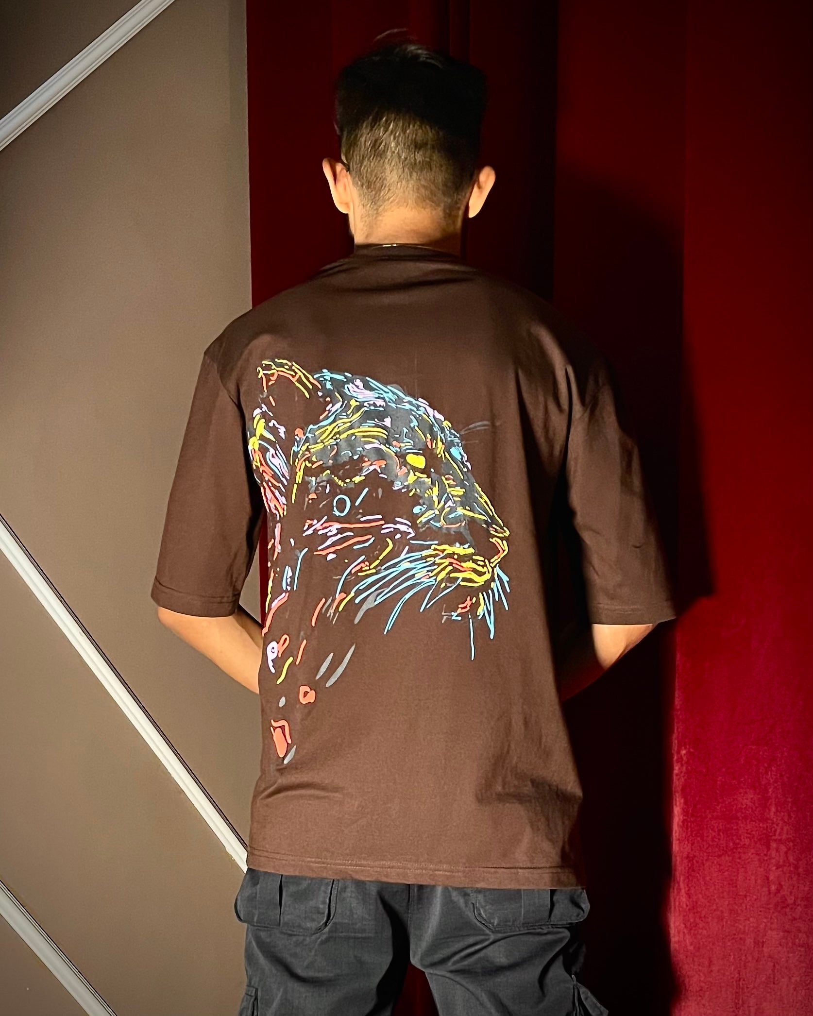 (Brown) King Lion Graphic 3D Print Oversized Tee