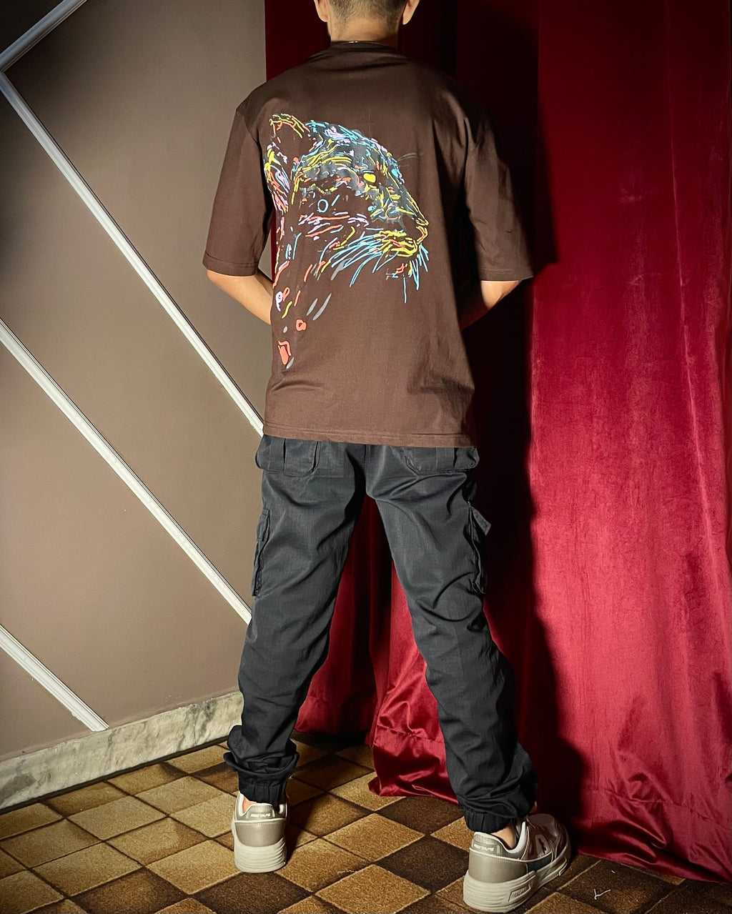 (Brown) King Lion Graphic 3D Print Oversized Tee