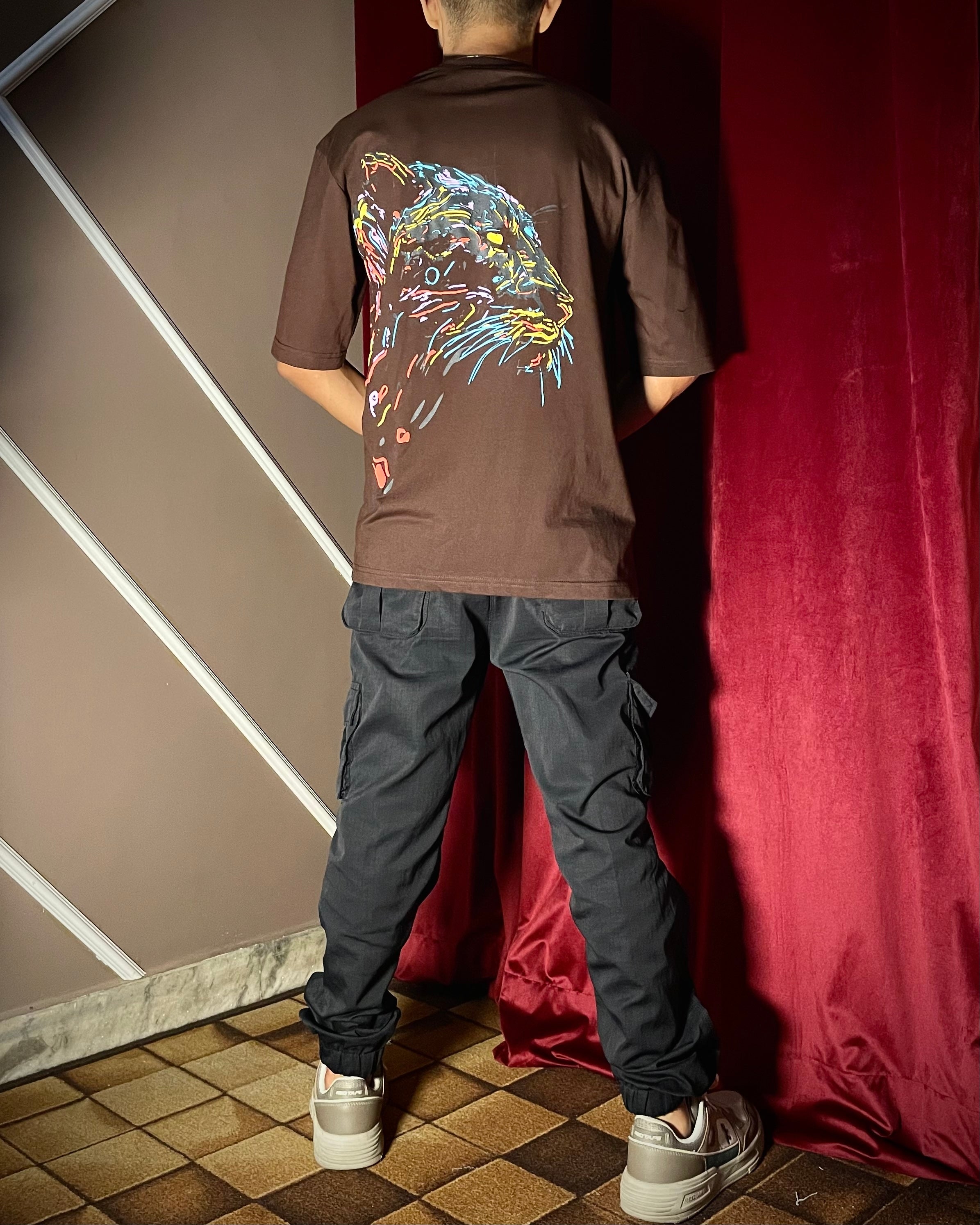 (Brown) King Lion Graphic 3D Print Oversized Tee