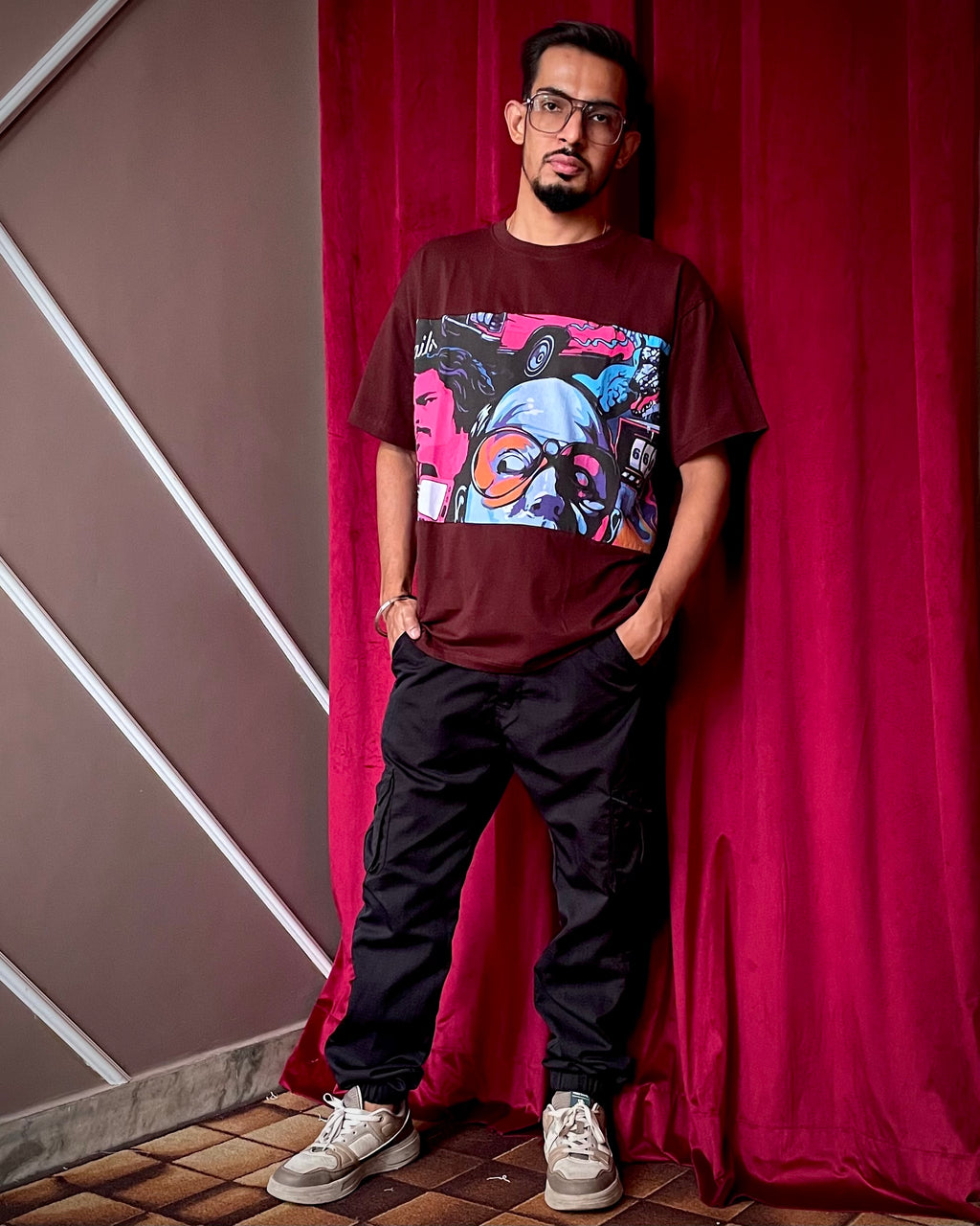 (Brown) Cocktails & Dreams Front Graphic Oversized Tee