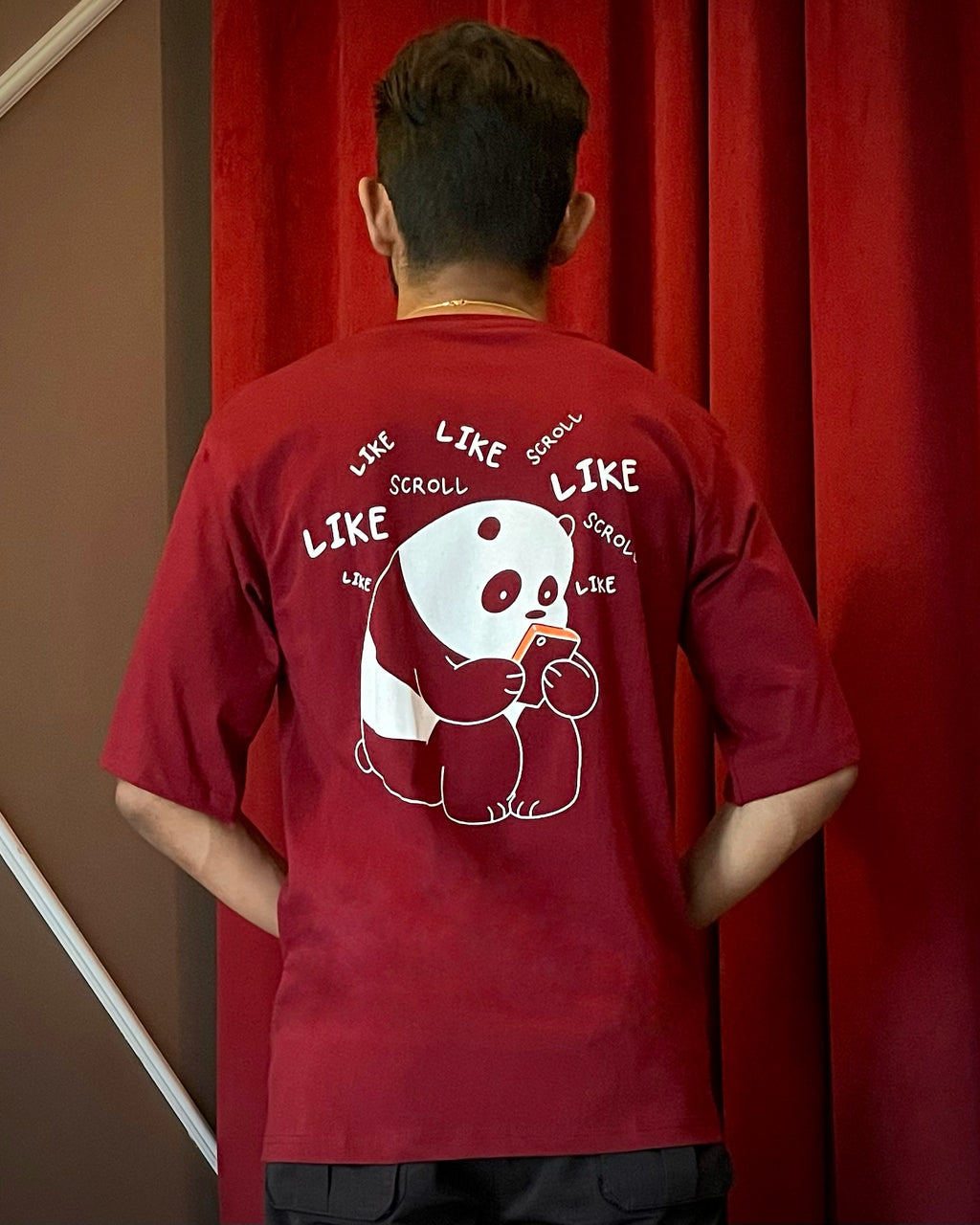 (Dark Red) Doomscroller Panda Avtar Front-Back Graphic Oversized Tee