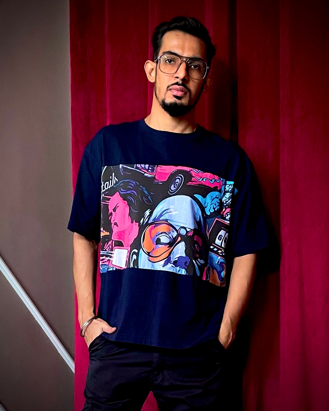 (Dark Blue) Cocktails & Dreams Front Graphic Oversized Tee