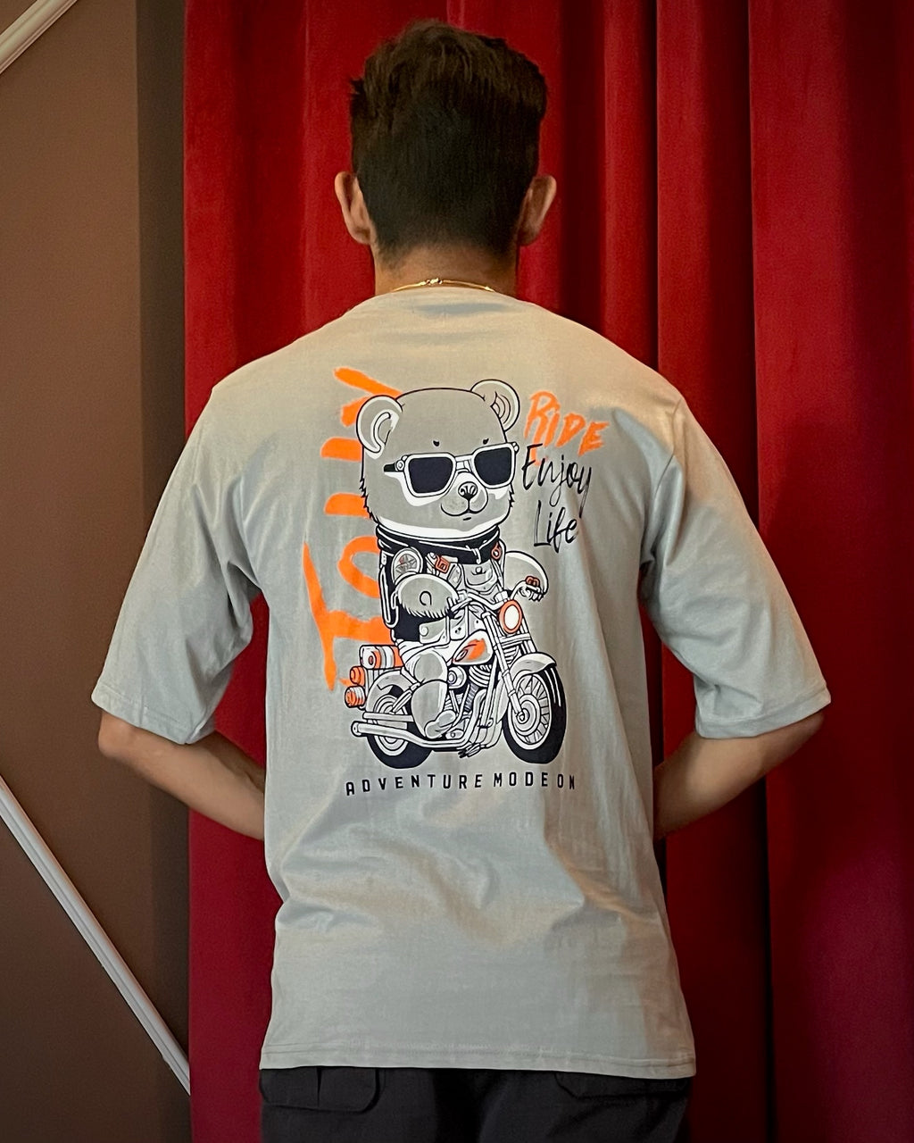 (Grey) Biker Panda Avtar Front-Back Graphic Oversized Tee