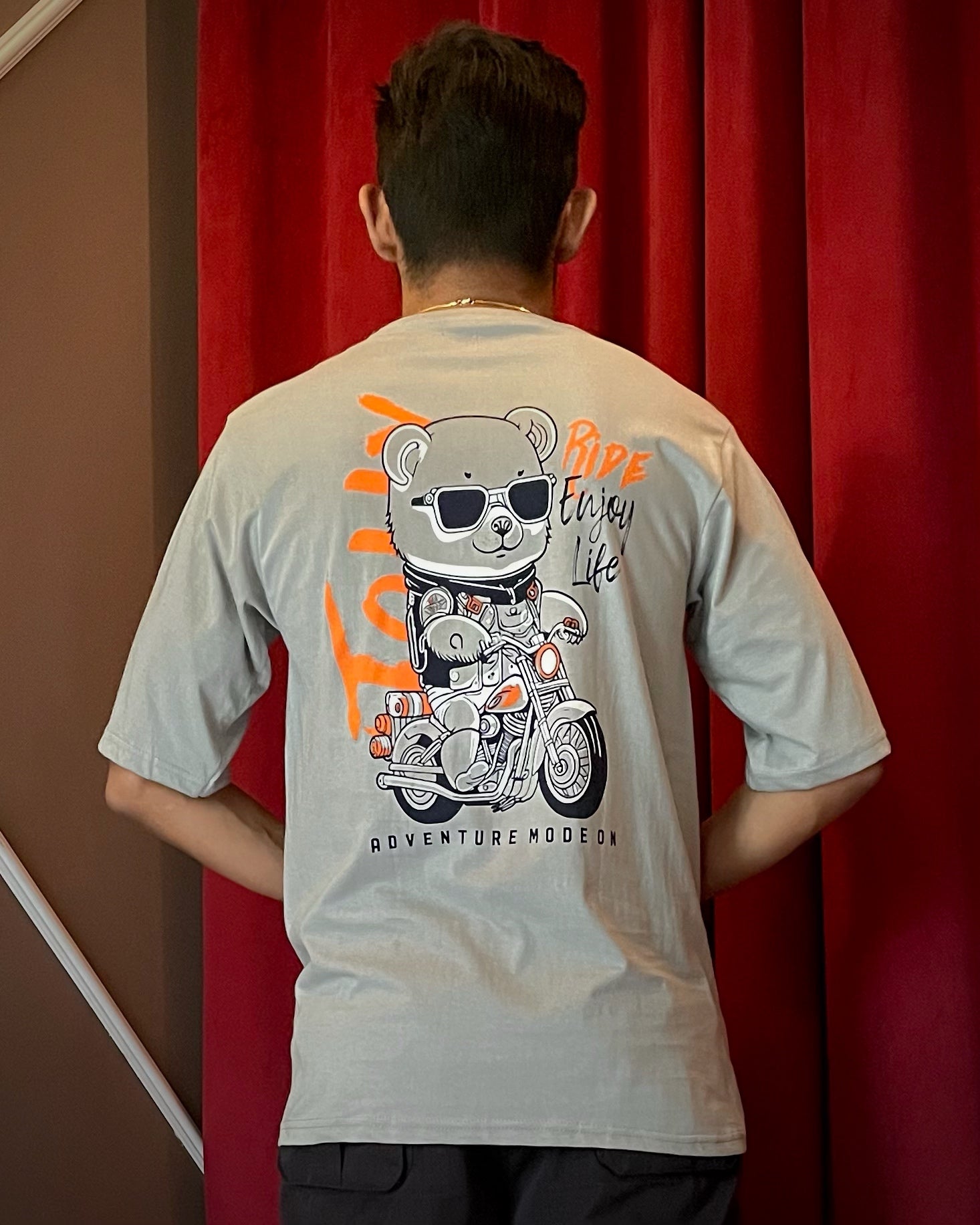 (Grey) Biker Panda Avtar Front-Back Graphic Oversized Tee