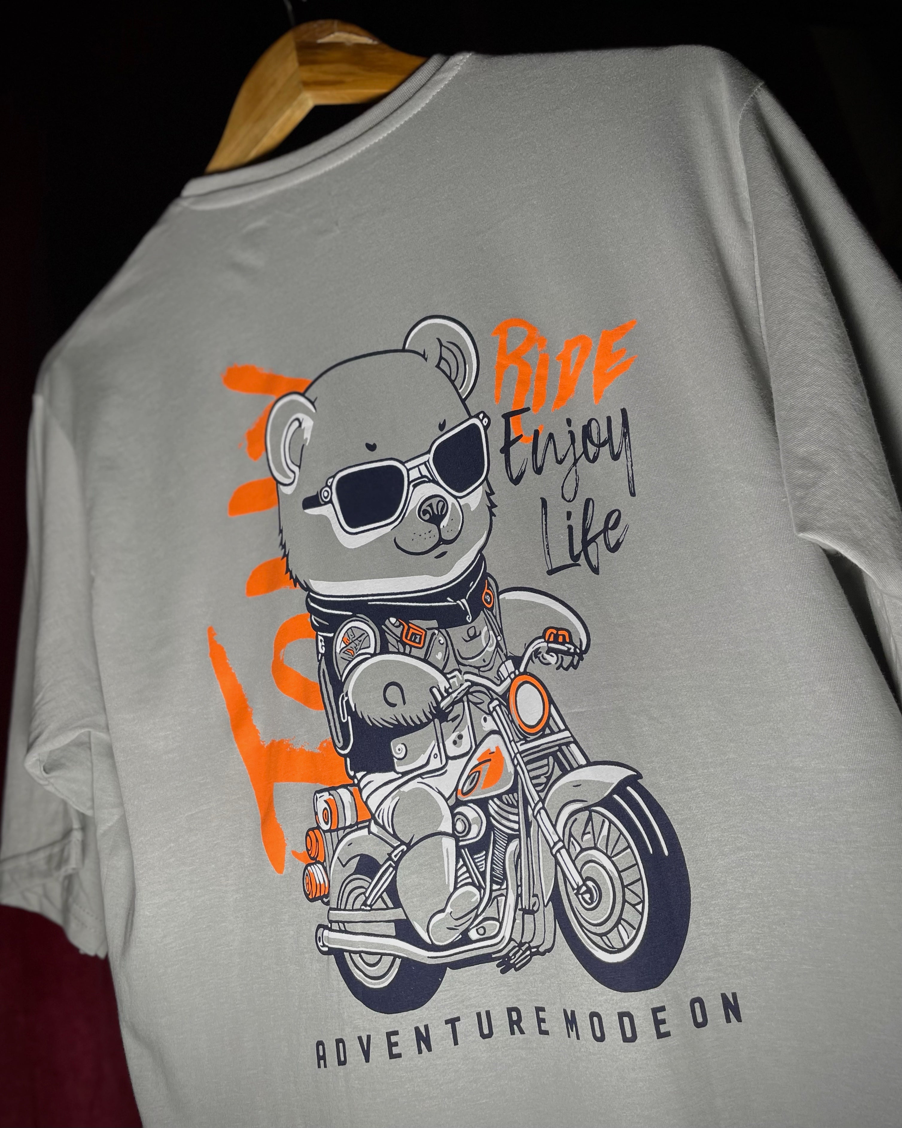 (Grey) Biker Panda Avtar Front-Back Graphic Oversized Tee