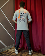 (Grey) Biker Panda Avtar Front-Back Graphic Oversized Tee