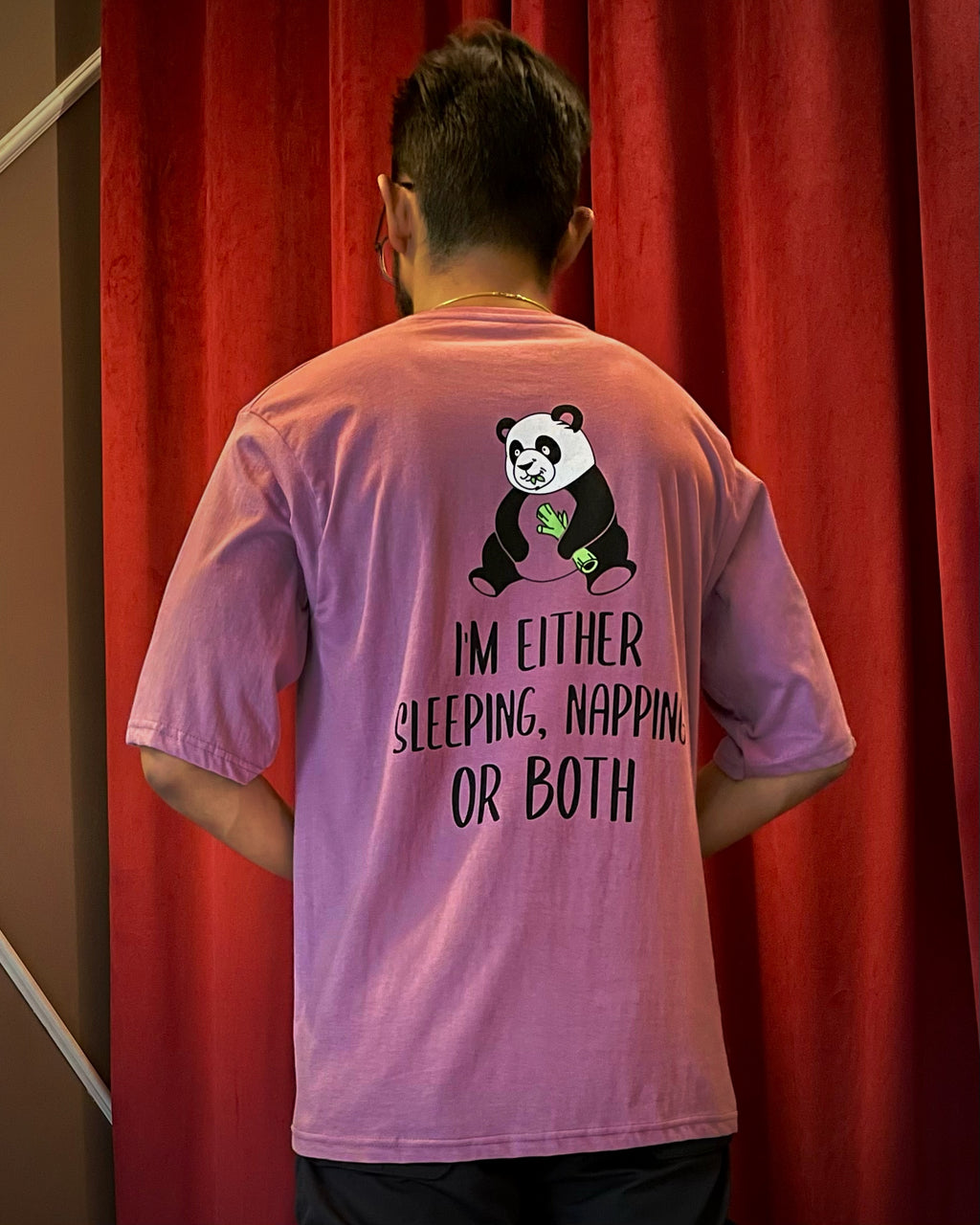 (Lilac) Sleeping Panda Front-Back Graphic Oversized Tee