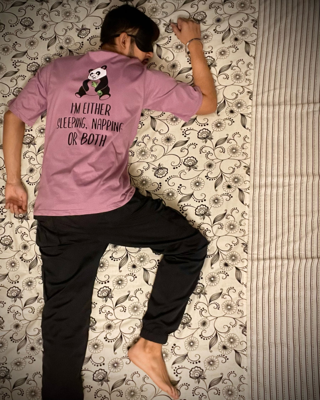 (Lilac) Sleeping Panda Front-Back Graphic Oversized Tee