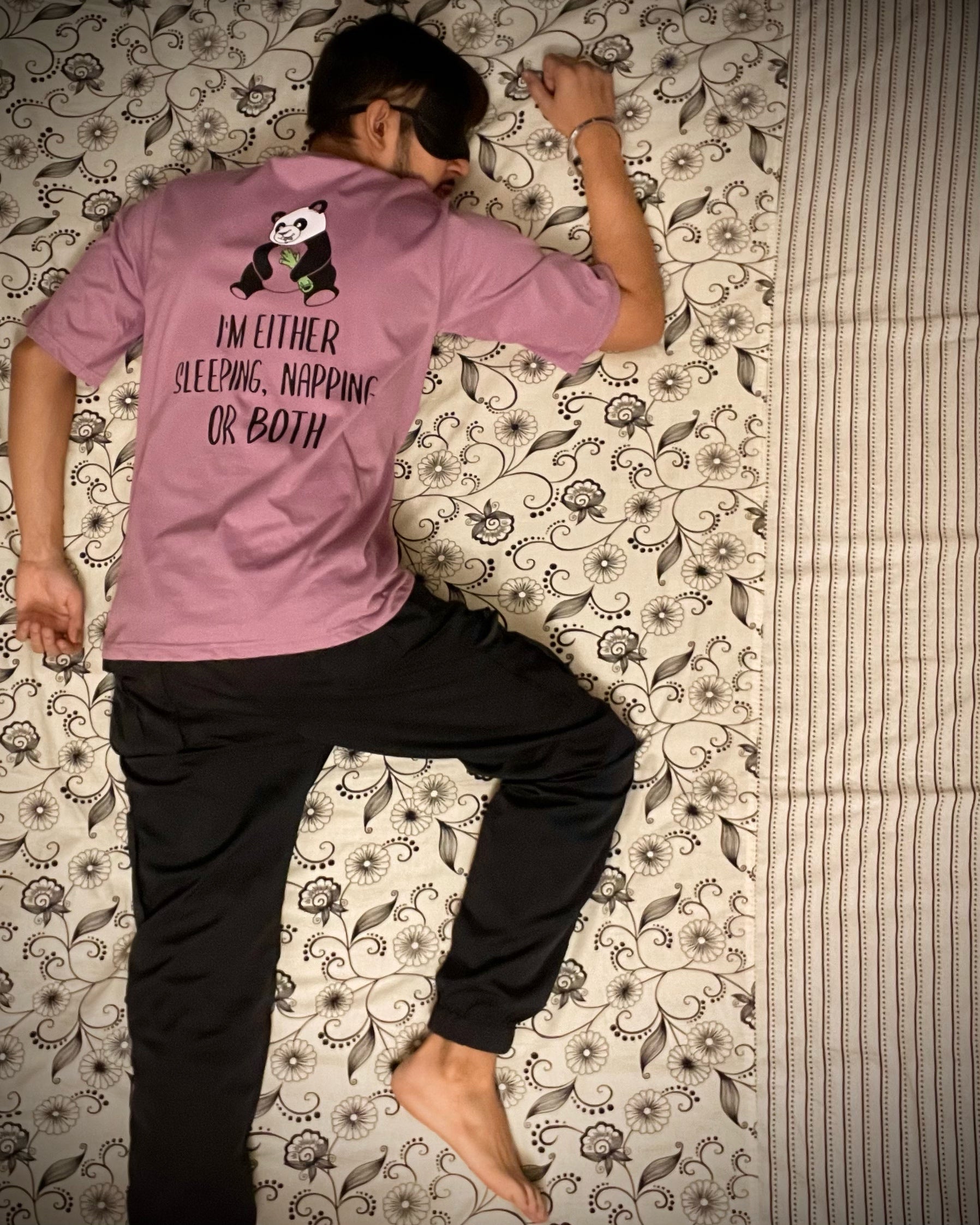 (Lilac) Sleeping Panda Front-Back Graphic Oversized Tee