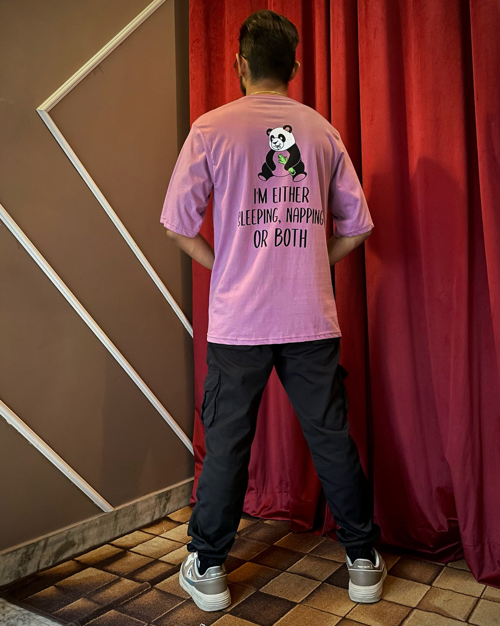 (Lilac) Sleeping Panda Front-Back Graphic Oversized Tee