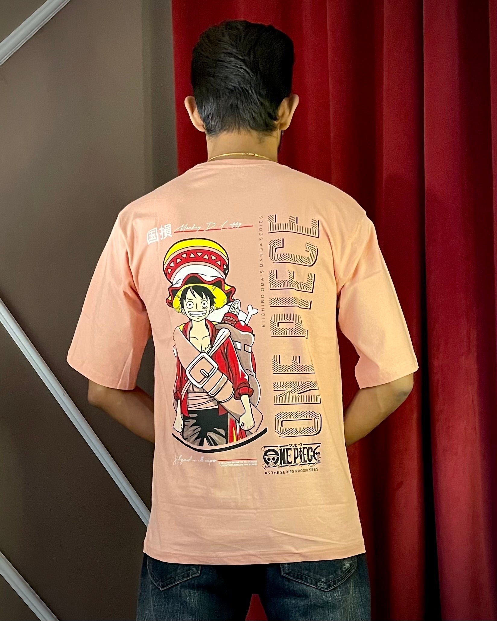 (Peach) Anime Front-Back Graphic Oversized Tee