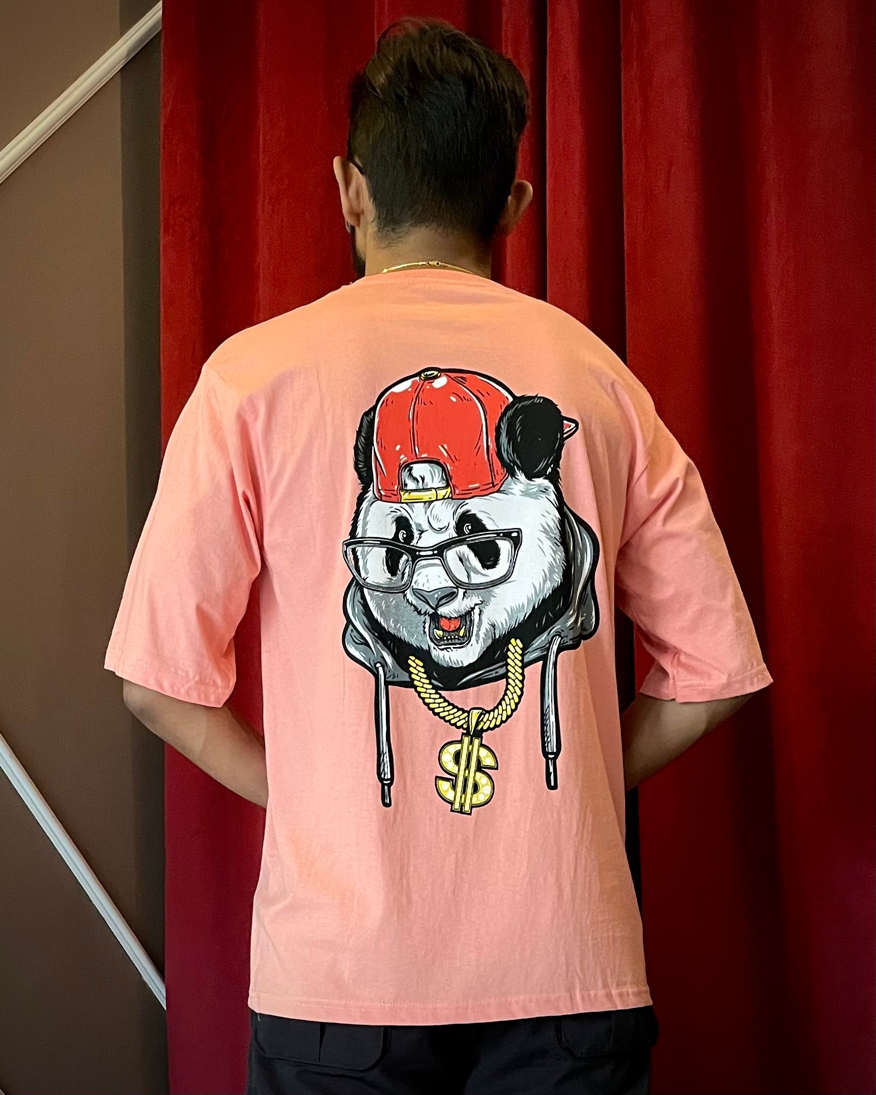 (Pink) Swagger Panda Avtar Front-Back Graphic Oversized Tee