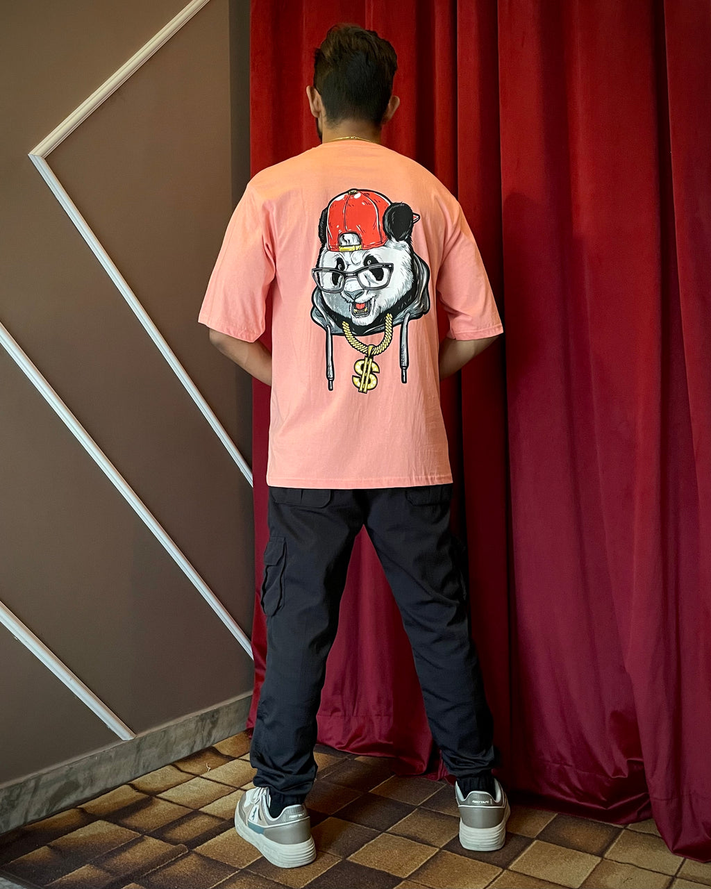 (Pink) Swagger Panda Avtar Front-Back Graphic Oversized Tee