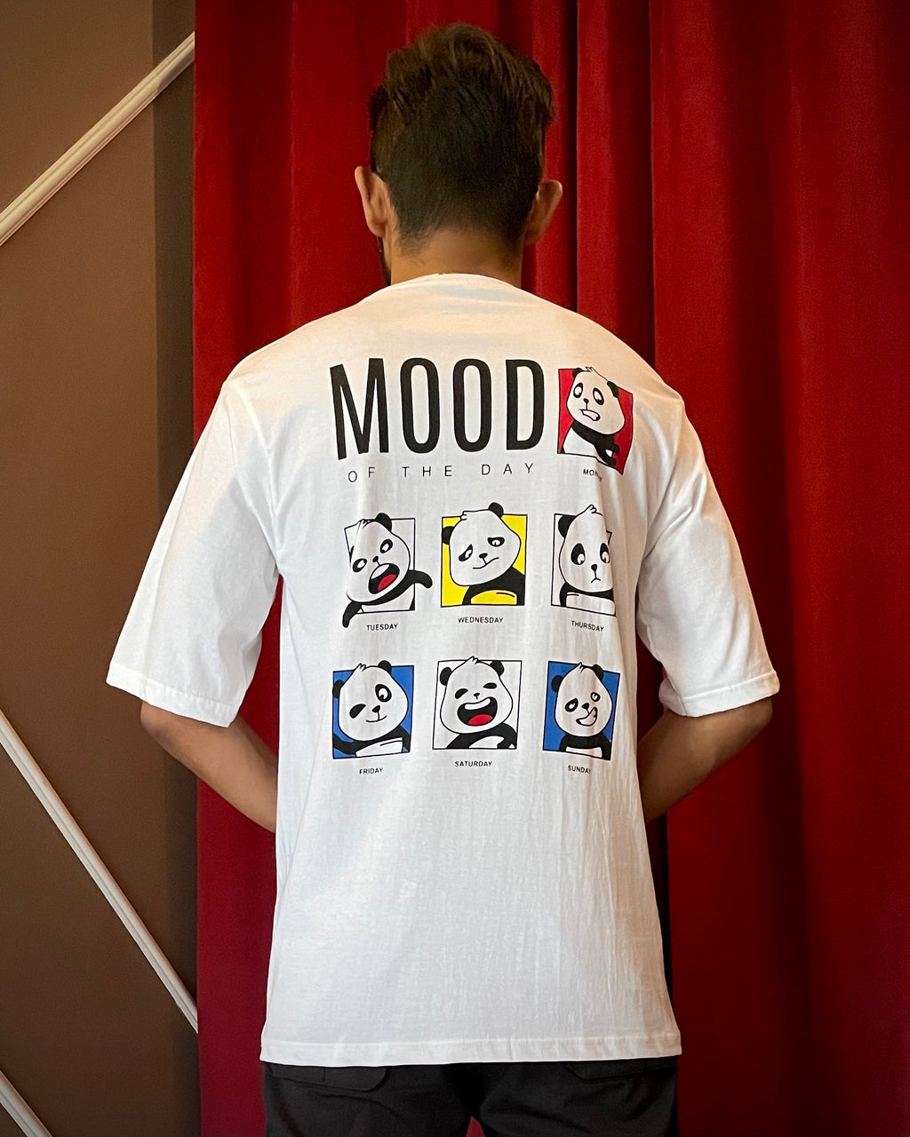 (White) Moody Panda Avtar Front-Back Graphic Oversized Tee