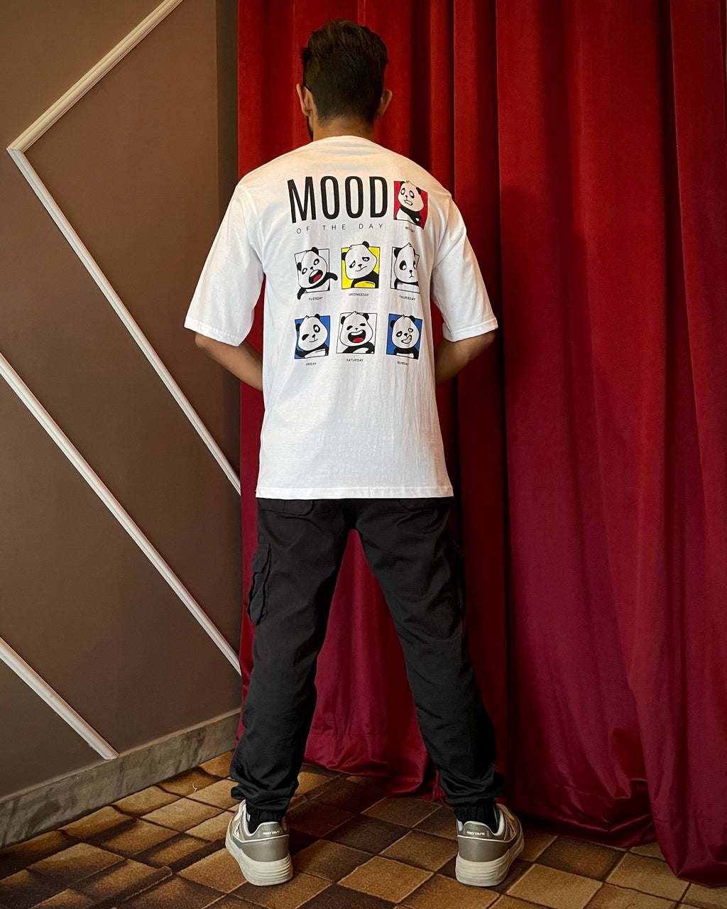 (White) Moody Panda Avtar Front-Back Graphic Oversized Tee